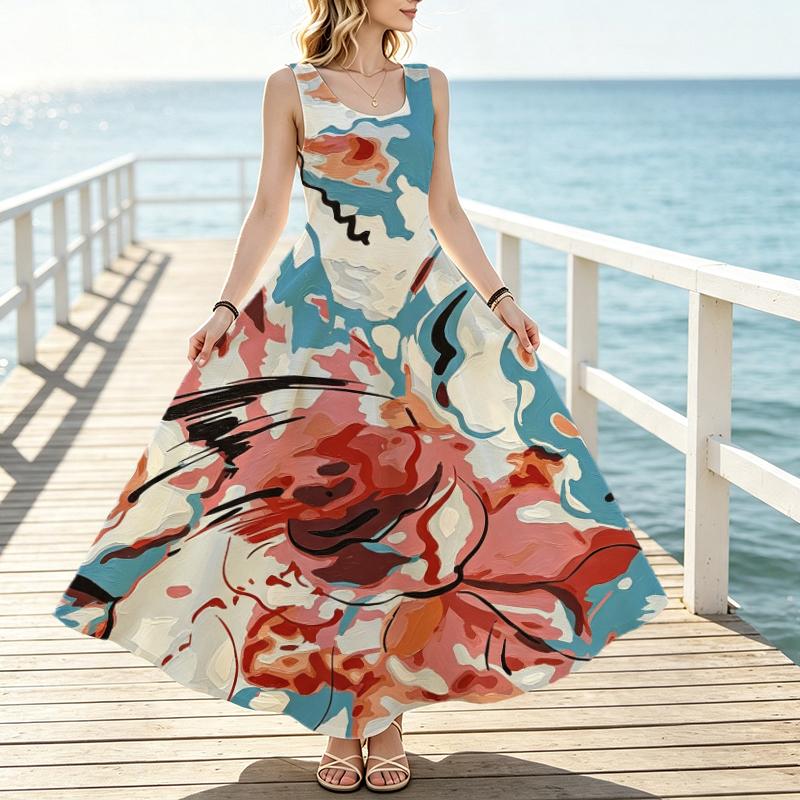 U-Neck Minimalist Abstract Art Sleeveless Maxi Dress,Vibrant Lightweight Flowy Stylish Elegant for Beach Vacation
