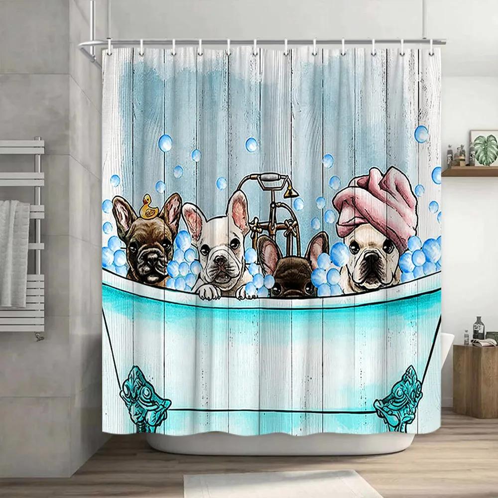 Смешная занавеска для душа Brave Cat Cartoon Душевая занавеска Waves Ocean Decor Ткань Душевая занавеска Set with Hooks Bathroom Decoration