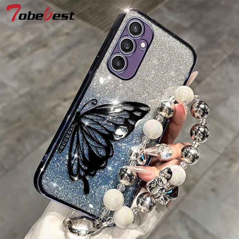 Браслет-чехол с лазерной бабочкой и блестками для Samsung Galaxy A05 A05S A04 A04E A04S A03S A02S A03 Core A02 Силиконовый чехол