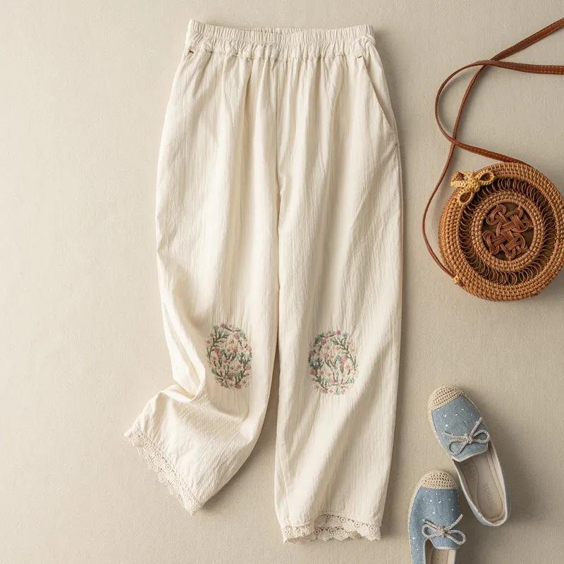 Ethnic Style Retro Embroidery Women's Haren Pants Summer Thin Linen Loose Casual Cropped Pants