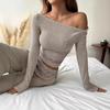 Женский комплект одежды Весенний рубчатый женский спортивный костюм Классический комплект из двух предметов Рубчатый топ с длинным рукавом и открытыми плечами Брюки широкого кроя