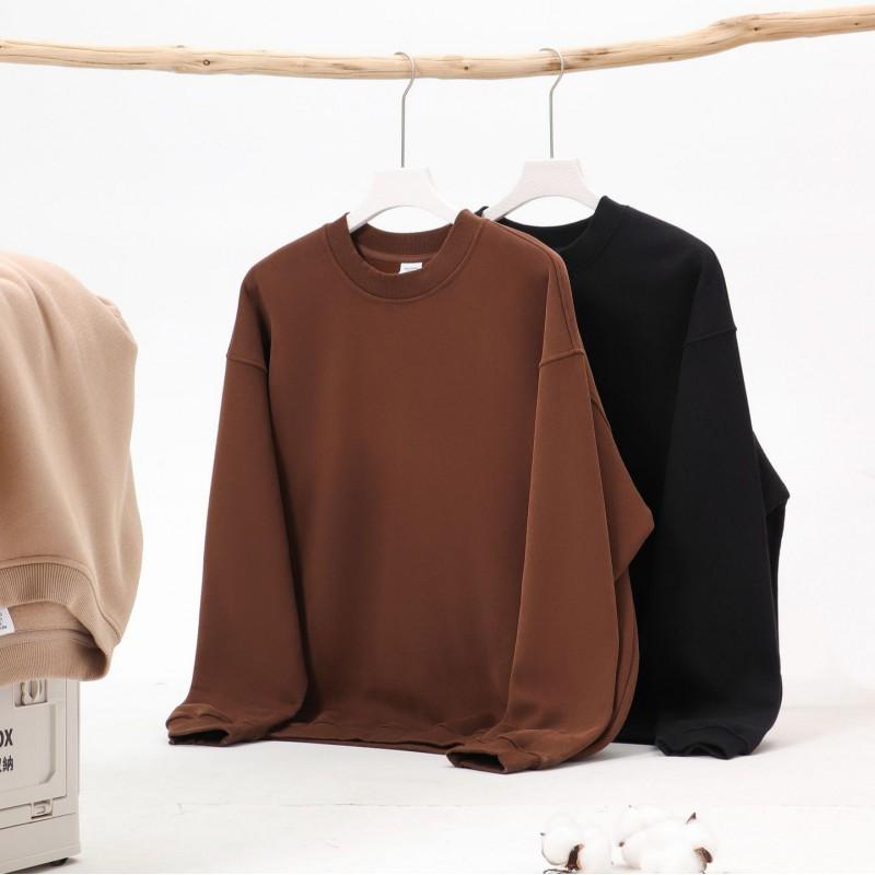 Mens Oversized Solid Color Fleece-Lined Crewneck Sweatshirt Fall Winter Casual Streetwear Unisex