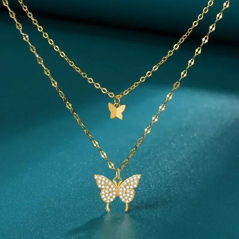 925 Sterling Silver Butterfly Necklace Women Crystal Zircon Pendant Necklace for Women Girl Crystal Chain Necklace Party Jewelry