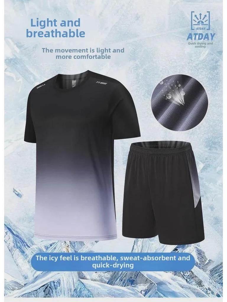 Мужской комплект спортивной одежды Ice Silk Quick-Dry: Футболка с коротким рукавом и шорты для бега для летнего фитнеса и баскетбола.