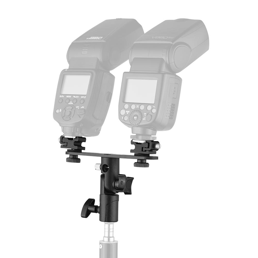 T shaped Dual Flash Bracket Flash Speedlite Stand with 2 Cold Shoe Mounts 1 4 Inch to 3 8 Inch Mount Umbrella Hole