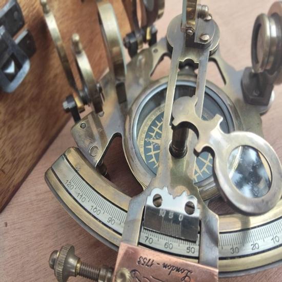 Vintage Brass Sextant Compass with Wooden Box | Antique Nautical Maritime Navigation Instrument | Handcrafted Sailor