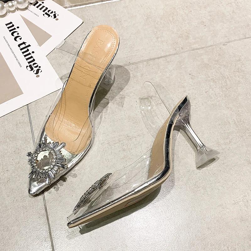 Мода 2024 Летние женские босоножки Однотонные с острым носком, украшенные стразами Женские босоножки с прозрачным ремешком на шпильке Slip-on