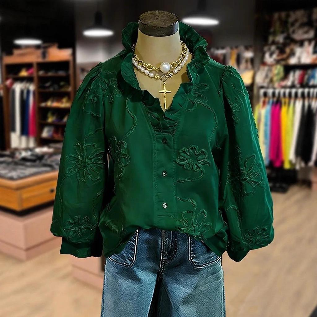 Европейско-американский повседневный женский топ для отдыха с V-образным вырезом, оборками, пышными рукавами и вышивкой