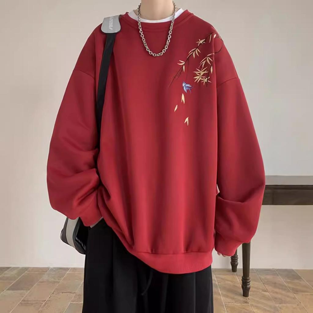 Мужской свитшот оверсайз с китайским принтом птиц, модный, свободного кроя, с длинным рукавом, парная одежда
