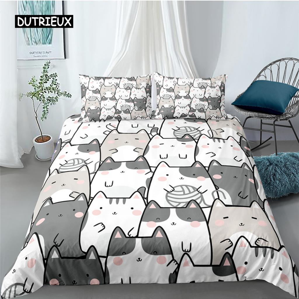 Cartoon Cat Duvet Cover Set for Kids Girl Microfiber Kitten 2/3pcs Cartoon Animal Bedding Set Single Twin Queen King Quilt Cover