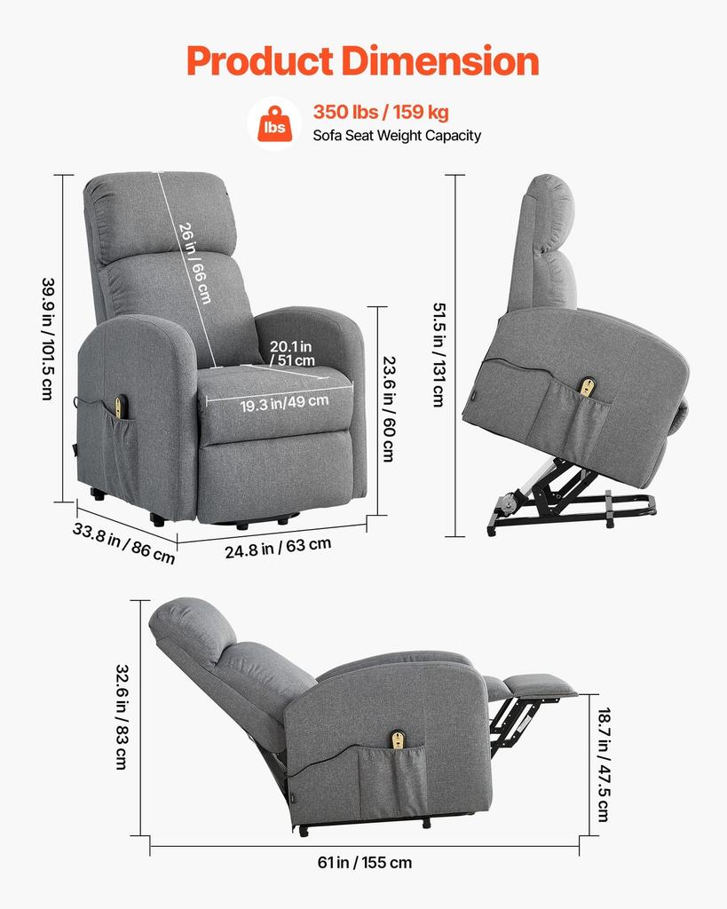 Power Lift Recliner Chair, Electric Lift Chair for Elderly, Infinite Position Adjustment, Linen Fabric, High-Resilience Foam, with Side Pockets,