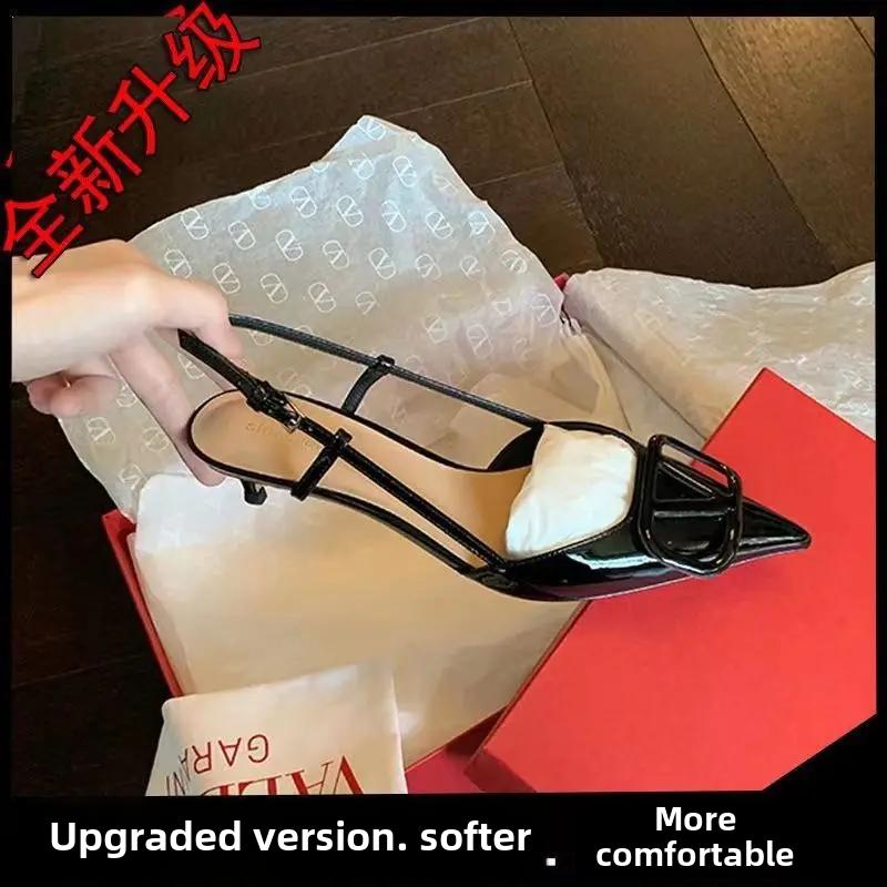Новые летние туфли на высоком каблуке во французском стиле 42 Fine Track Pointed V Buckle Strap Sandals Black Women Shoes