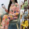 2 dona/toʻplam Kuz Bahor Ayollar Pijama Kostyumi Satin Rangli Multfilm Gul Bosma Yaxna Pastoral Uslub Uzun Yengli Top Keng Poychali Shimlar Uy Kiyimi