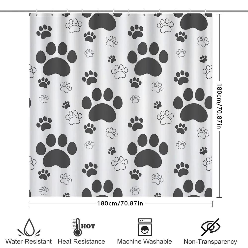 White Shower Curtain With Black Paw Prints Decorative Pet Print Shower Cover For Bathroom – Easy Installation Waterproof Materia