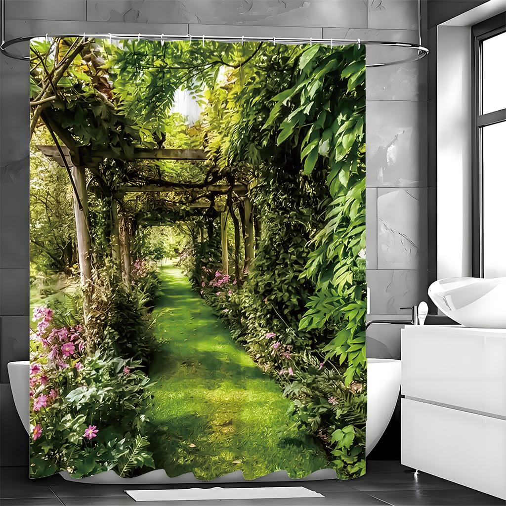Rattan Covered Pergola Arch Floral Plant Shower Curtain, Bathroom Decorative Shower Curtain, Waterproof Shower Curtain with Hook