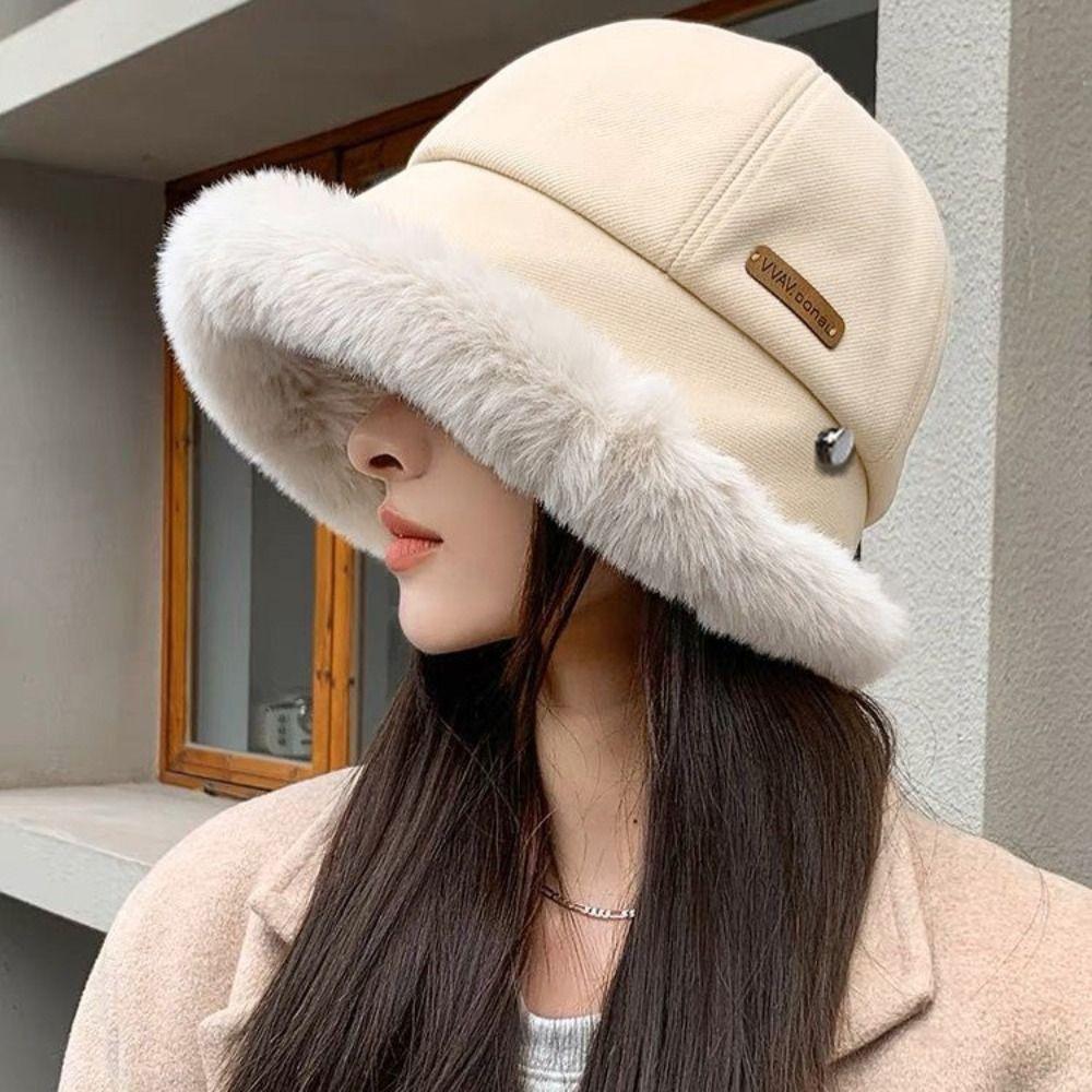 Windproof Fluffy Fur Bucket Hat Wide Brim Winter Fisherman Hat Cute Warm Cap Woman