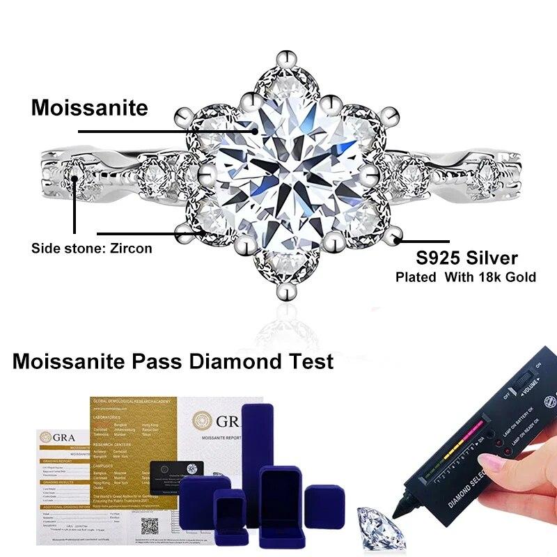 Кольцо с муассанитом 5 карат для женщин, кольцо с цветком и бриллиантом, стерлинговое серебро 925 пробы с позолотой GRA18K, свадебное кольцо для невесты