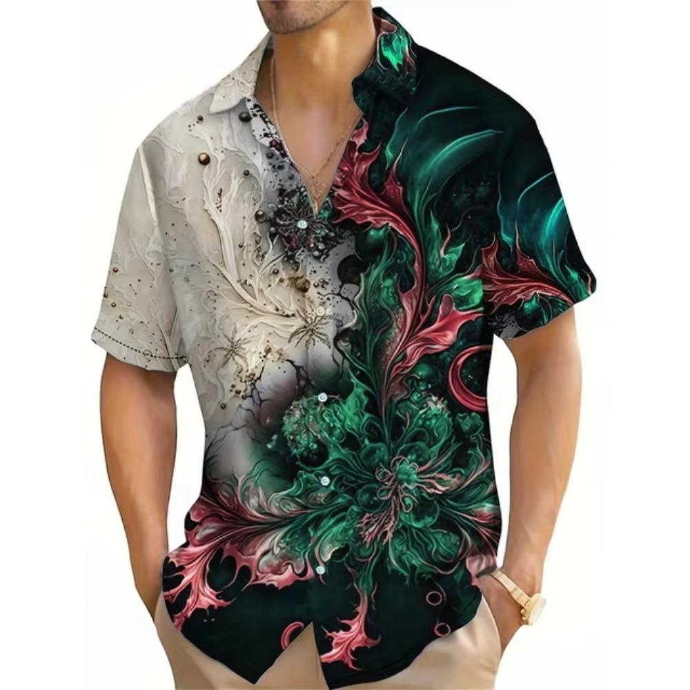 Hawaiian Style Shirt, Men's Short Sleeved Lapel, Retro Floral 3D Print, Block Color, Summer Vacation, Oversized Top