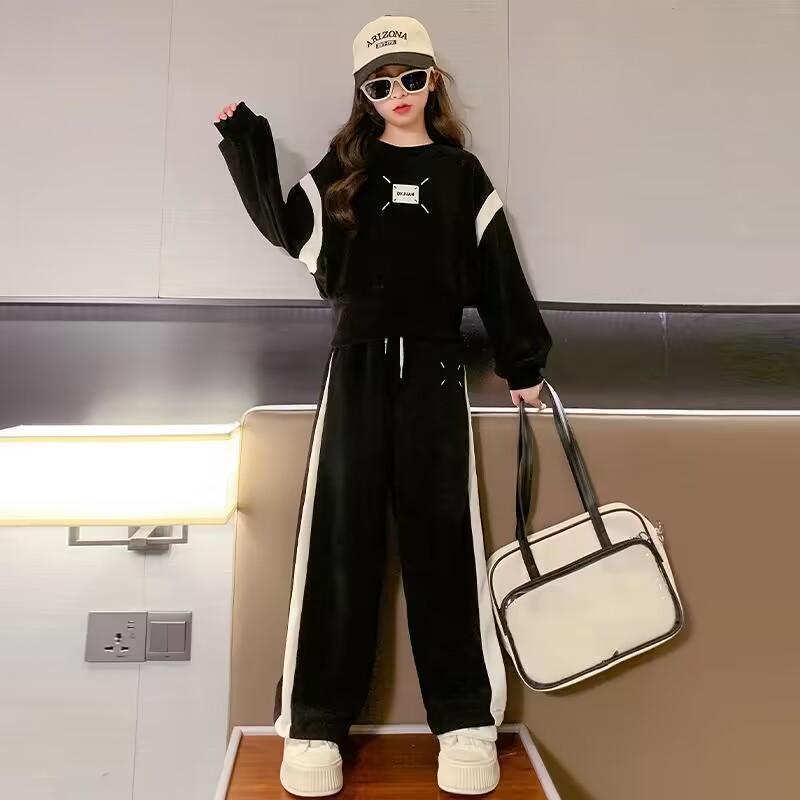 Костюм для девочки 4-12 лет, спортивный костюм на весну и осень, модный повседневный топ + широкие брюки, комплект из двух предметов