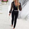 Women Jumpsuit Rhinestone See-through Mesh Chain Decor Slim Fit V Neck High Waist Solid Color Formal Commute Style Long Jumpsuit