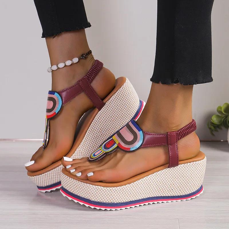 Fashion Platform Wedge Flip Flops for Women Summer New Bohemian Thick Sole Light Weight Girls Beach Slippers Slip-on Wedges Sandals