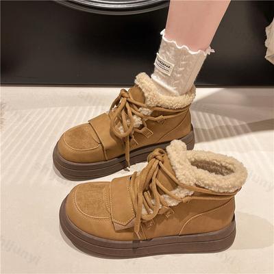 Зимние ботинки для женщин 2025 года, повседневные, со шнуровкой, утепленные, с подкладкой, удобные, с толстой подошвой, высокие, с низкой посадкой, из хлопка