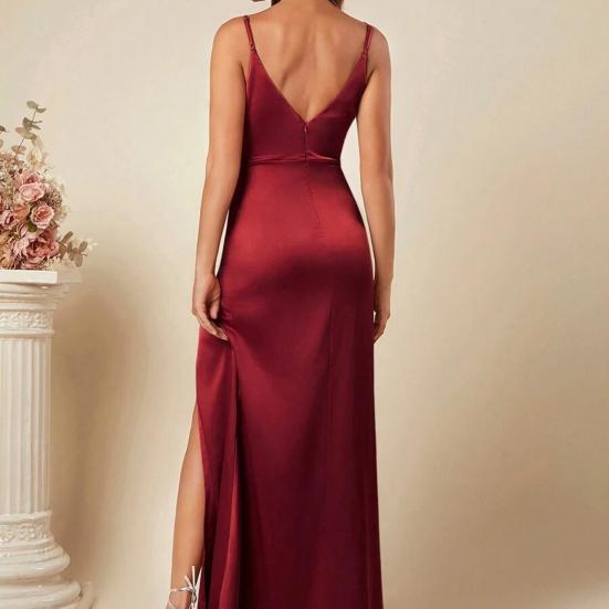 Women's Spaghetti Strap Satin Slit Dress Ruched V Neck Sleeveless