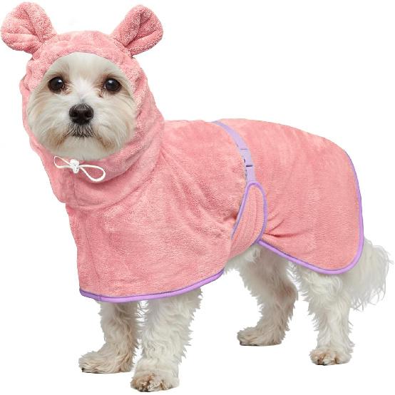 Dog Bathrobe Super Absorbent Towel Robe - Microfiber Bath Towels Fast Drying Coat for Dogs, Cute Dogs Clothes Adjustable Collar & Belly Strap Warm
