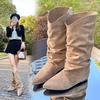 Fashion Folded Velvet Western Cowboy Boots Women's Autumn Winter New Pointed Toe High Heel Flip Collar Mid-Calf Boots Over Knee Boots