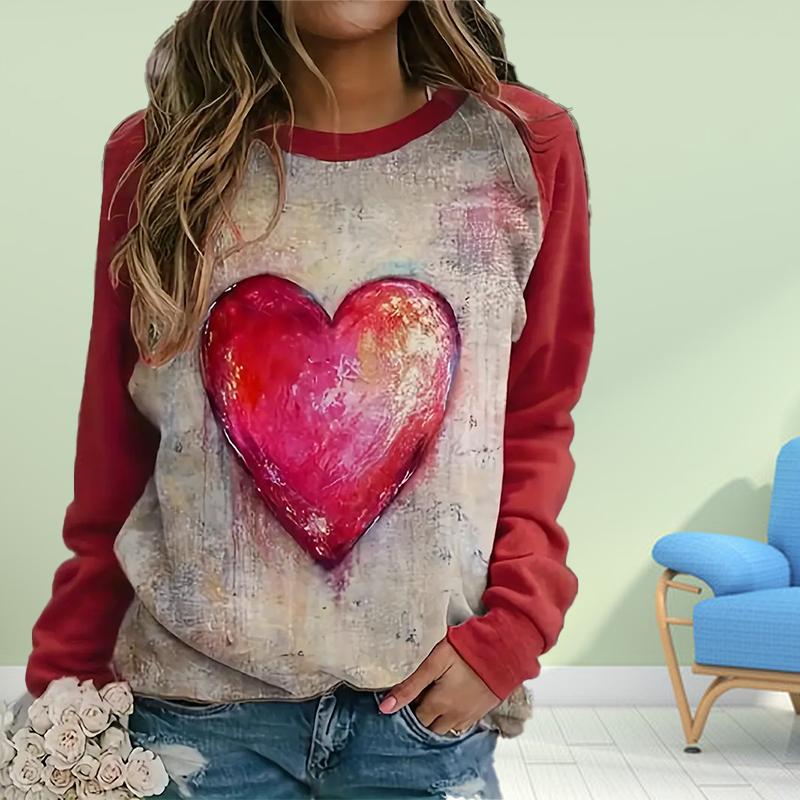 Осенняя женская модная футболка с круглым вырезом и длинным рукавом, свободная футболка с принтом «Любовь» для девочек, уличная футболка