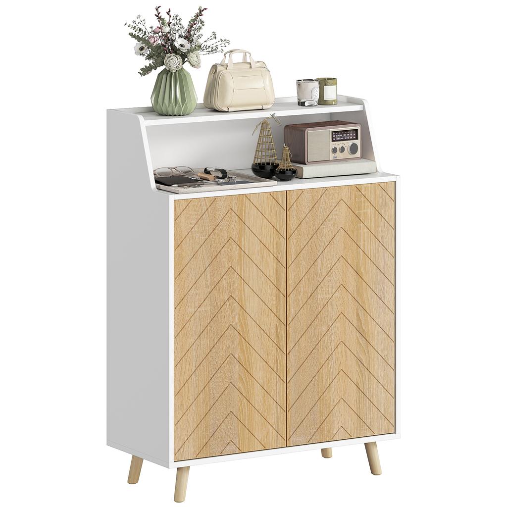 Entrance Shoe Cabinet With 2 Doors Adjustable Shelves And Open Compartment 75x35x104 Cm White And Natural