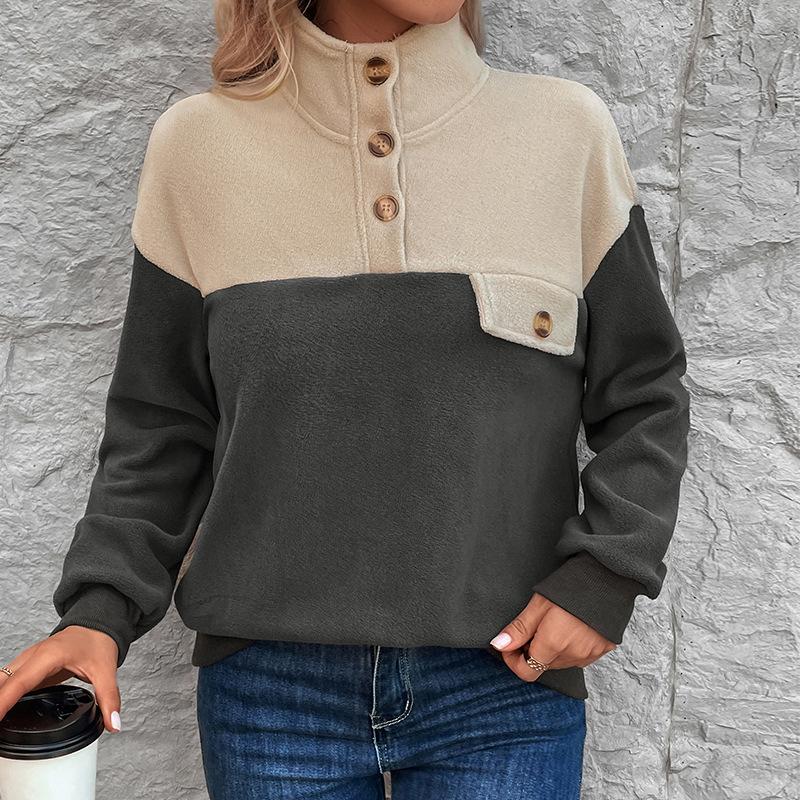Женская осень-зима с длинным рукавом и воротником-стойкой, цветной блок, пуловер с капюшоном, свитшот, топ