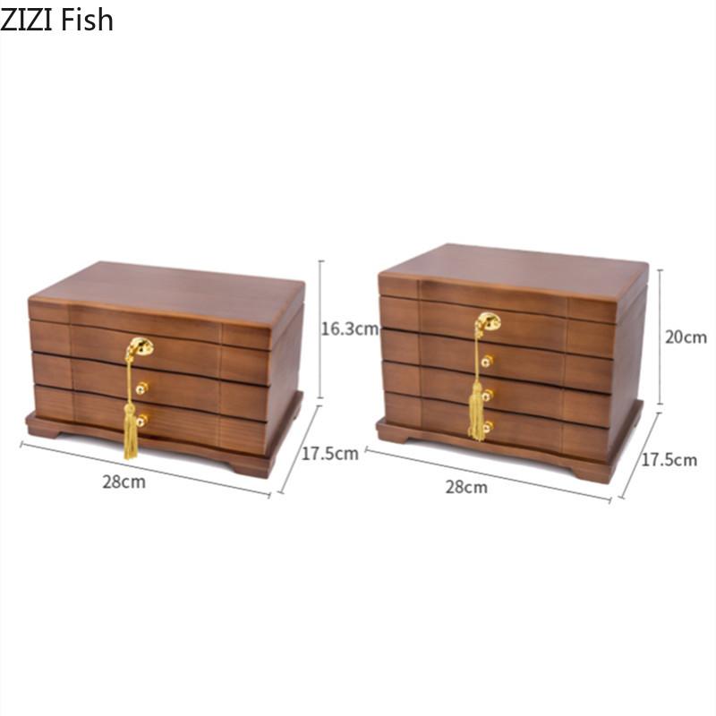 Шкатулка для ювелирных изделий из цельного дерева в китайском стиле, замок, серьги, ожерелье, часы, коробка для хранения, свадебный подарок, простая домашняя многослойная коробка для хранения