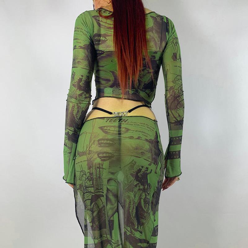 Сексуальный укороченный топ с прозрачным вырезом, винтажная прозрачная сетчатая футболка с графическим принтом и длинными расклешенными рукавами, облегающая футболка, женская одежда