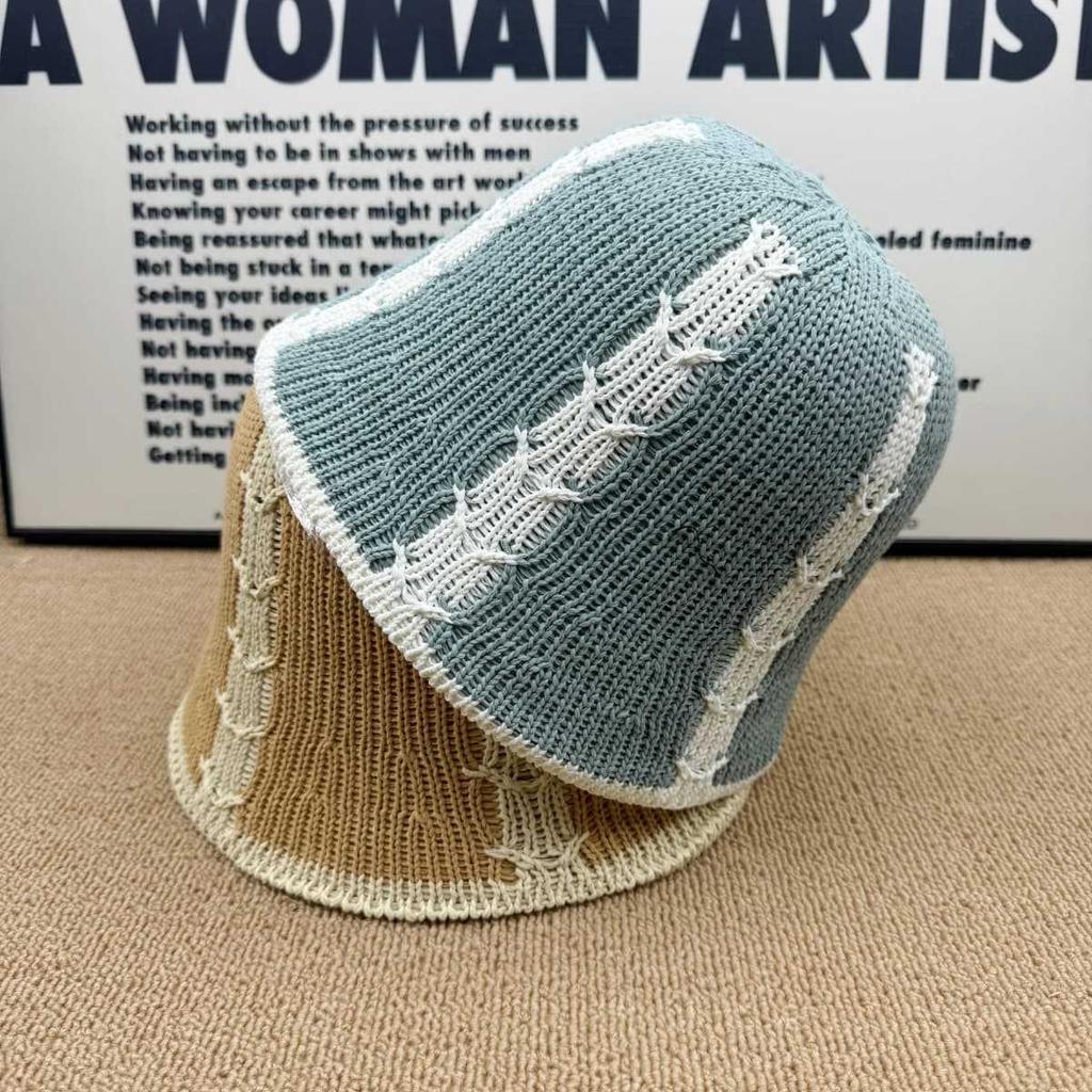 Contrast color strip knitted bucket hat women's new three-dimensional embroidery bucket hat versatile face small sunshade sunscreen hat tide