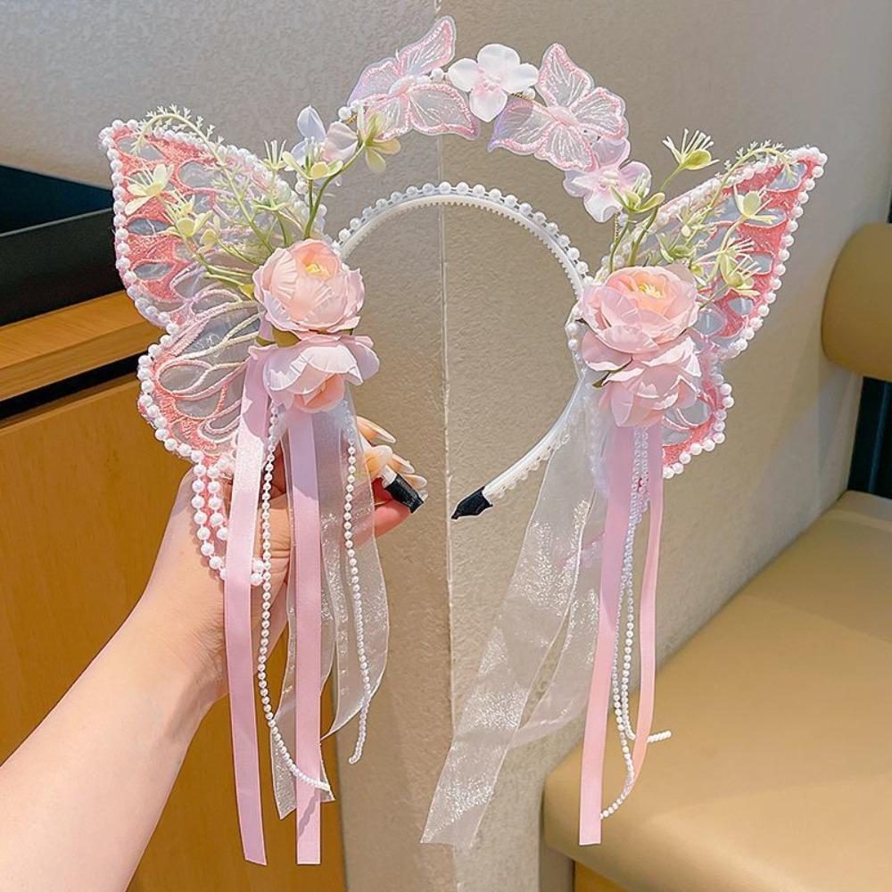 Mesh Big Butterfly Wing Hairpins Sweet Elf Ear Headband Lovely Flower Headband Kids Gift