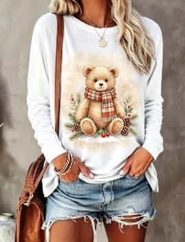 Women Long Sleeve T‑Shirt Christmas Teddy Bear With Scarf Watercolor Print Crew Neck Loose Casual Holiday Blouse Tops