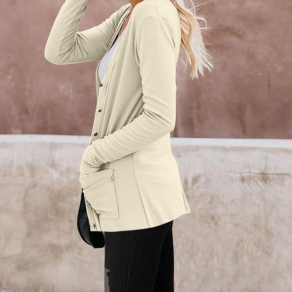 Women's Long Sleeve Tops Casual Shirts Button Down Pockets Basic Ribbed Knit T Shirts Cardigan