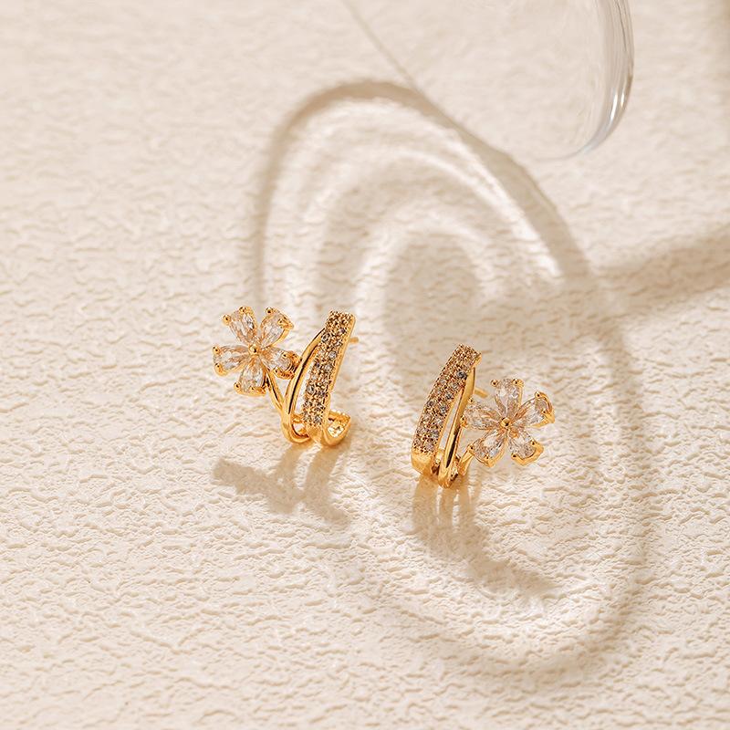 Gold Plated Colorful Zircon Flower Design Small Earrings For Women