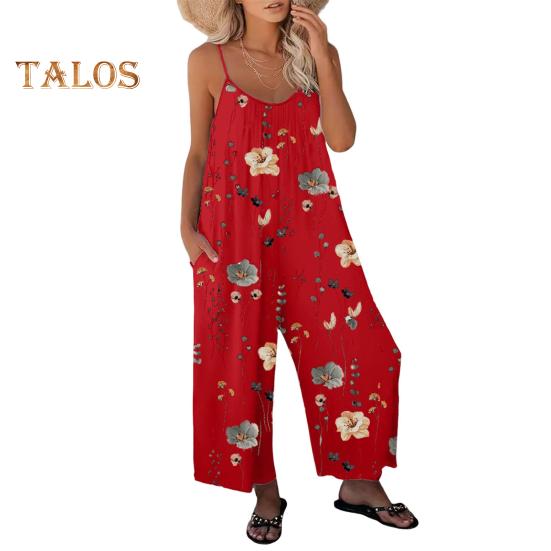 Летний женский комбинезон с регулируемым ремешком на тонких бретельках, без рукавов, с открытой спиной, с широкими штанинами, свободный цветочный принт, глубокая промежность, боковые карманы, плиссированные, для отдыха, пляжа
