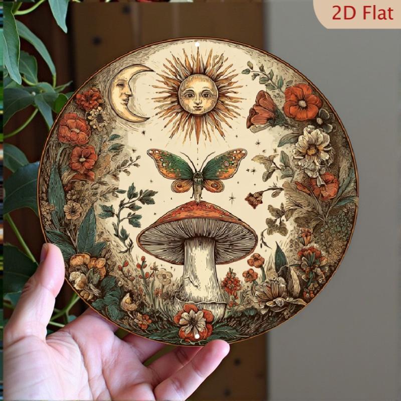 D Flat Beware The Forest Spirits Watching Mushroom Butterfly Round Tin Sign Vintage Metal Wall Art for Whimsical Cottagec