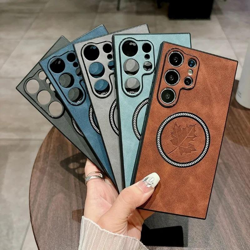 For Samsung S24 FE S23 Ultra Maple Leaf Magnet MagSafe Case For Galaxy S22 S21 Plus Soft TPU Lens Protection Shockproof Cover