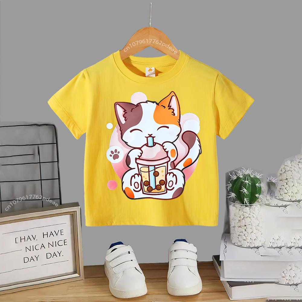 Детская летняя футболка из 100% полиэстера с изображением кота и молока для маленьких девочек, хлопковая футболка Harajuku для мальчиков и девочек, хлопковая футболка