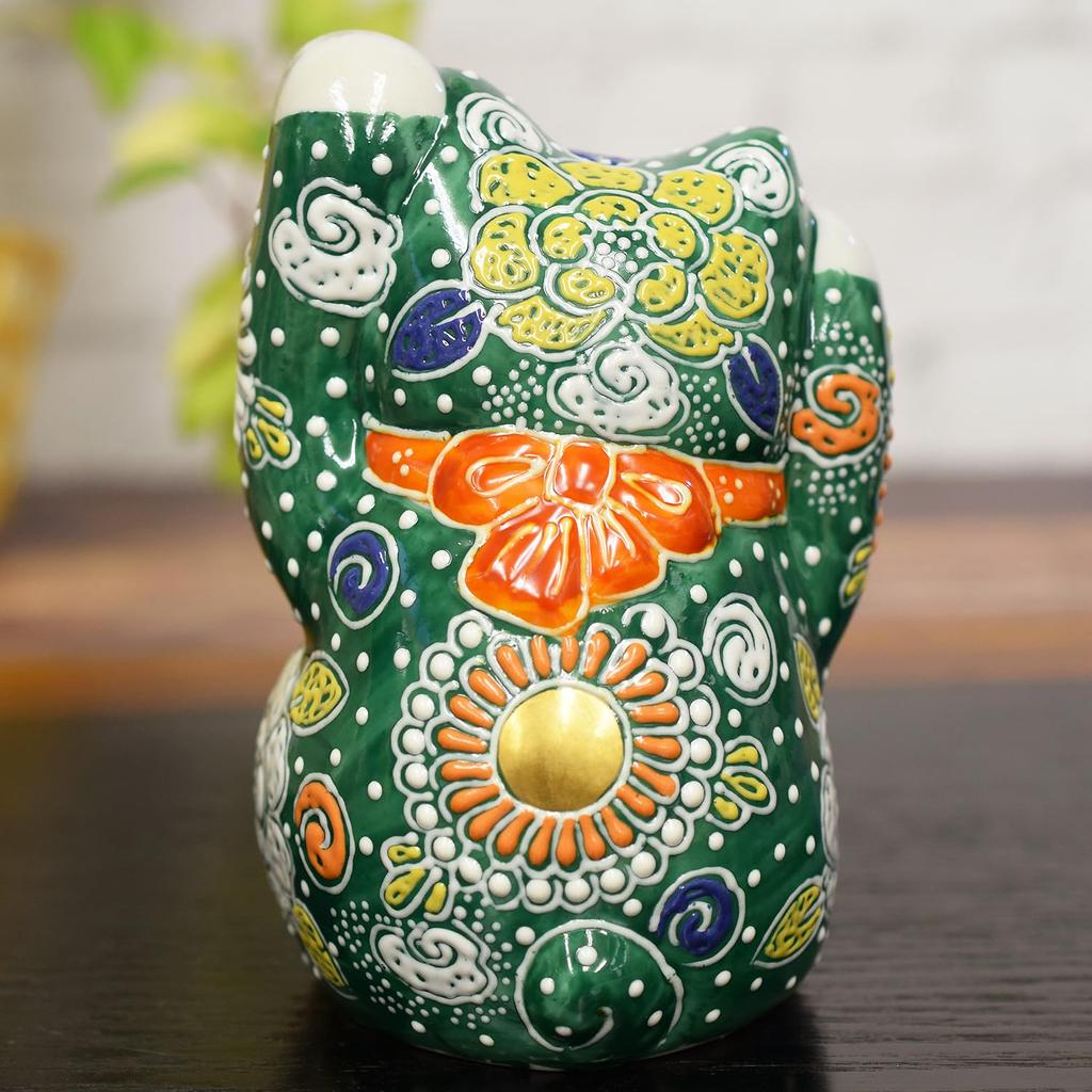 Украшение «Кошка удачи» Кутани Поднятые руки Зеленое блюдо Фэн-шуй Удача Интерьер Керамика Аксессуары в японском стиле