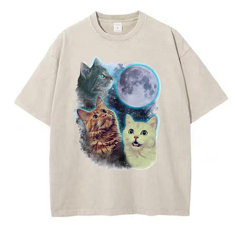Funny T Shirt Vintage Washed  Cotton TShirt Cat Moon Star Graphic Tee Casual Streetwear Spring Summer Top Tee