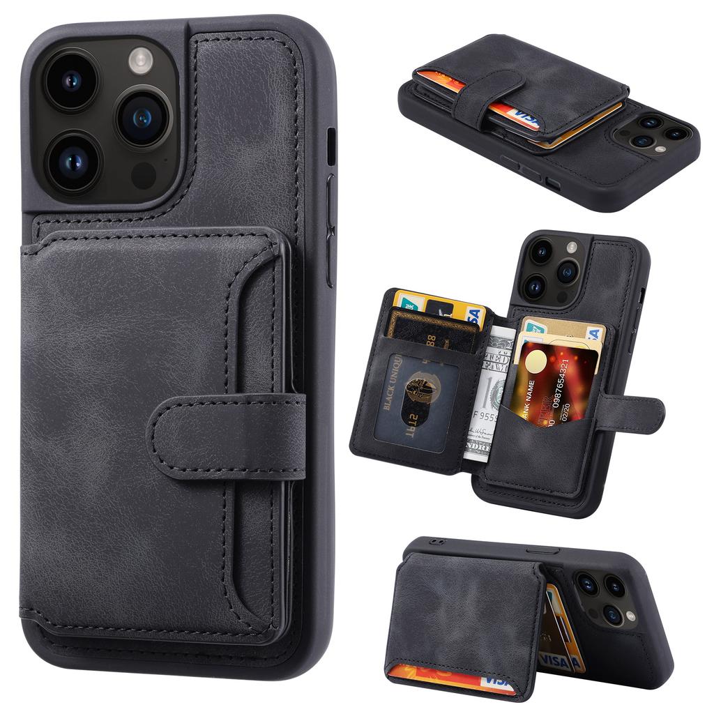 For iPhone 14 Pro Max Phone Wallet Case RFID Blocking Leather Coated TPU Kickstand Cover