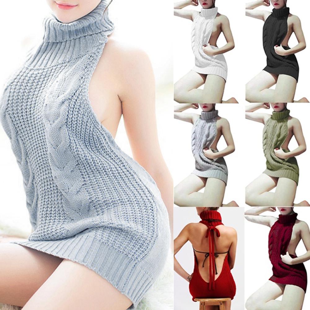 Women Sexy Backless Sleeveless Turtleneck Pullover Knit Sweater Cosplay Dress