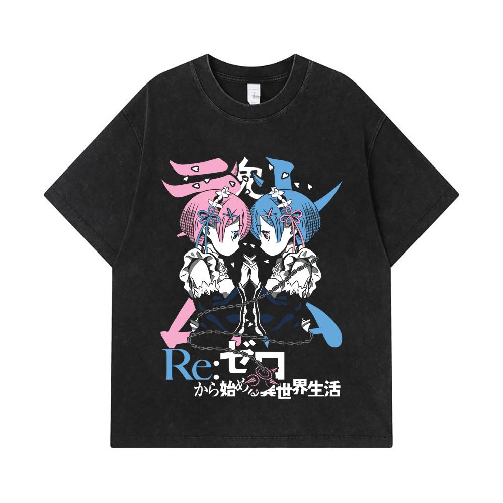 Стиранные футболки 275 г/м² 100% Хлопок Принт ReZero V1 Унисекс Тяжелая хлопковая футболка