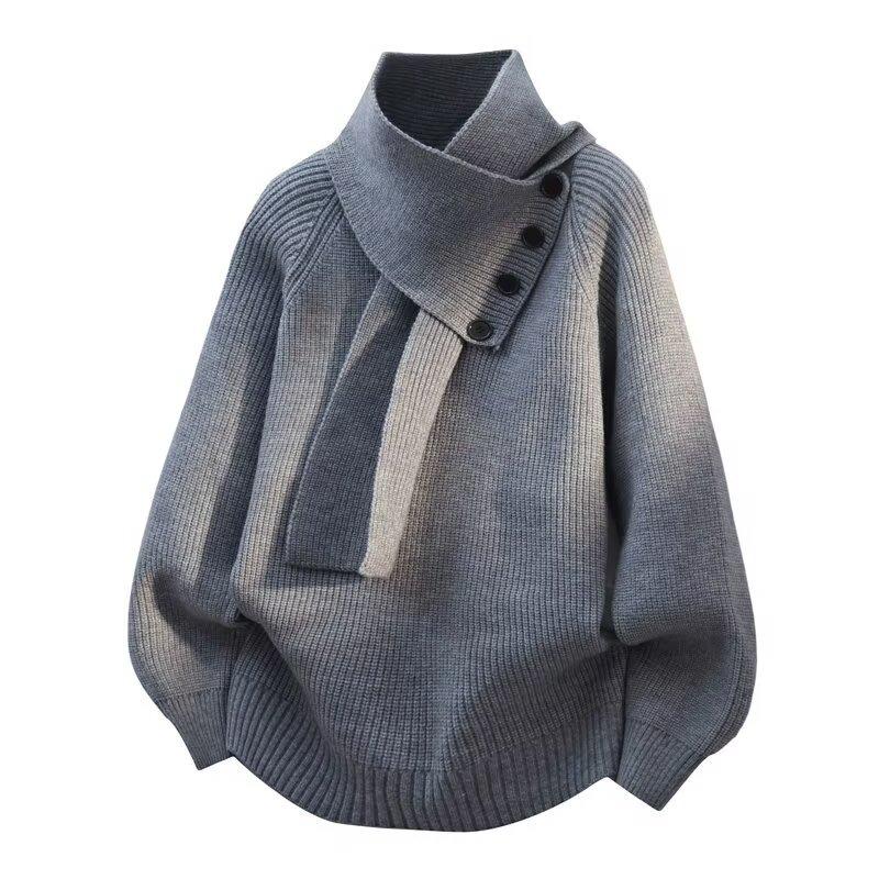 Мужской вязаный пуловер с высоким воротником и шарфом, зима 2025