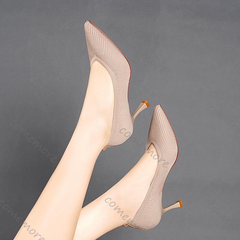 Празднуйте Туфли-лодочки с острым носком на высоком каблуке Простые однотонные вязаные туфли Женская обувь Весна Осень однотонные каблуки для женщин